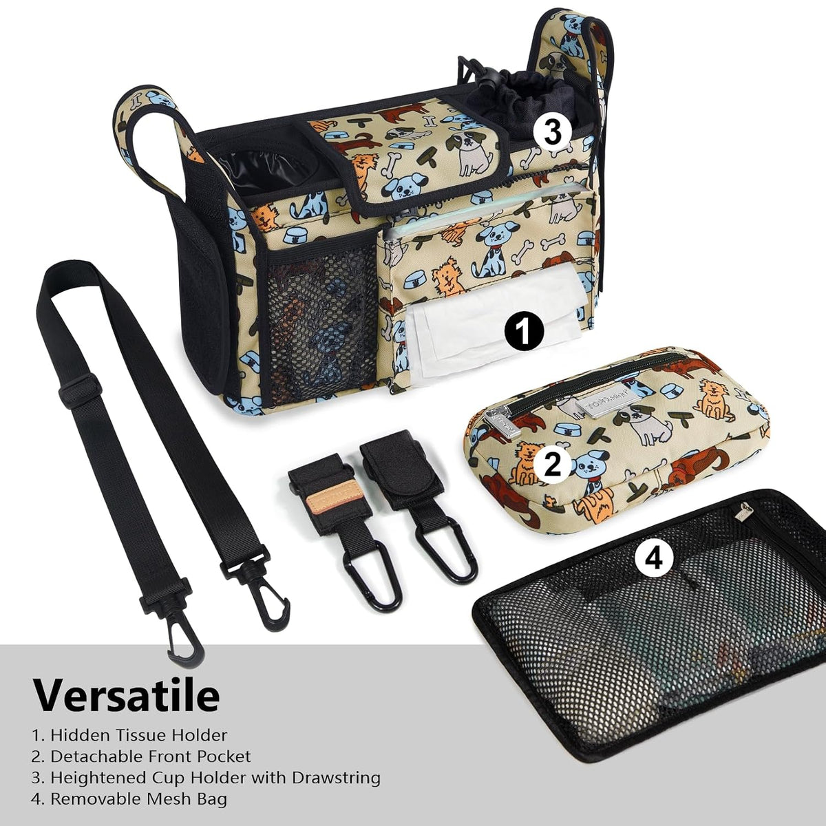 Universal Baby Stroller Organizer, Stroller Caddy with Detachable Mesh Bag & Heightened Insulated Cup Holders & Non-Slip Secure Hooks Accessories, Fits Most Strollers (Black) - Colors B
