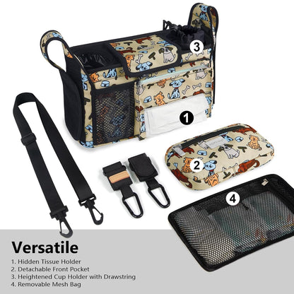 Universal Baby Stroller Organizer, Stroller Caddy with Detachable Mesh Bag & Heightened Insulated Cup Holders & Non-Slip Secure Hooks Accessories, Fits Most Strollers (Black) - Colors B