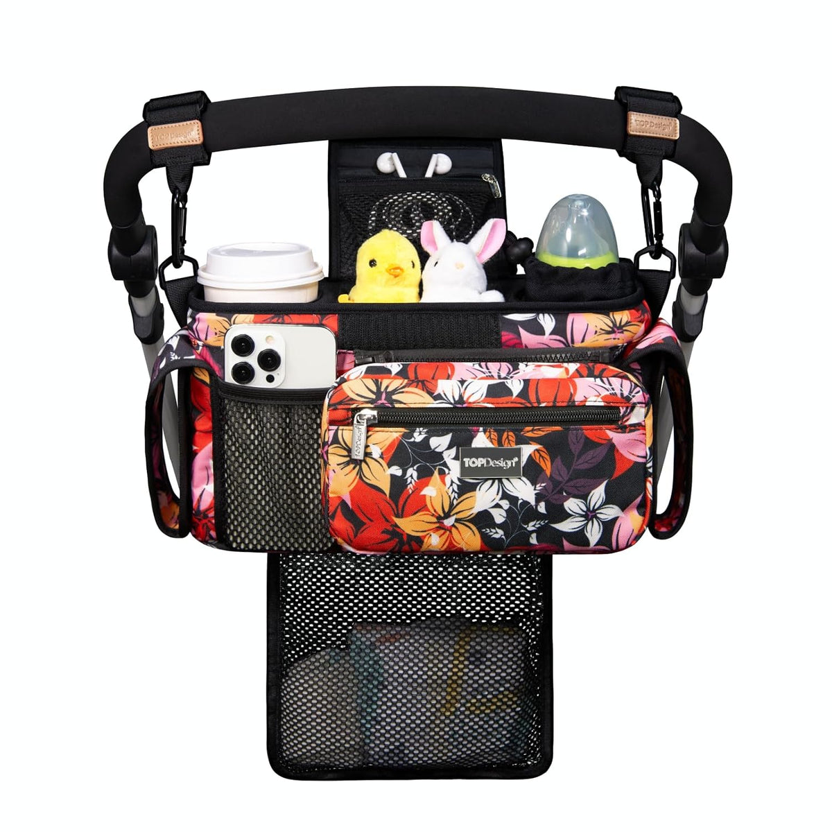 Universal Baby Stroller Organizer, Stroller Caddy with Detachable Mesh Bag & Heightened Insulated Cup Holders & Non-Slip Secure Hooks Accessories, Fits Most Strollers (Black) - Colors B
