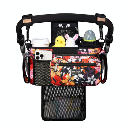 Universal Baby Stroller Organizer, Stroller Caddy with Detachable Mesh Bag & Heightened Insulated Cup Holders & Non-Slip Secure Hooks Accessories, Fits Most Strollers (Black) - Colors B