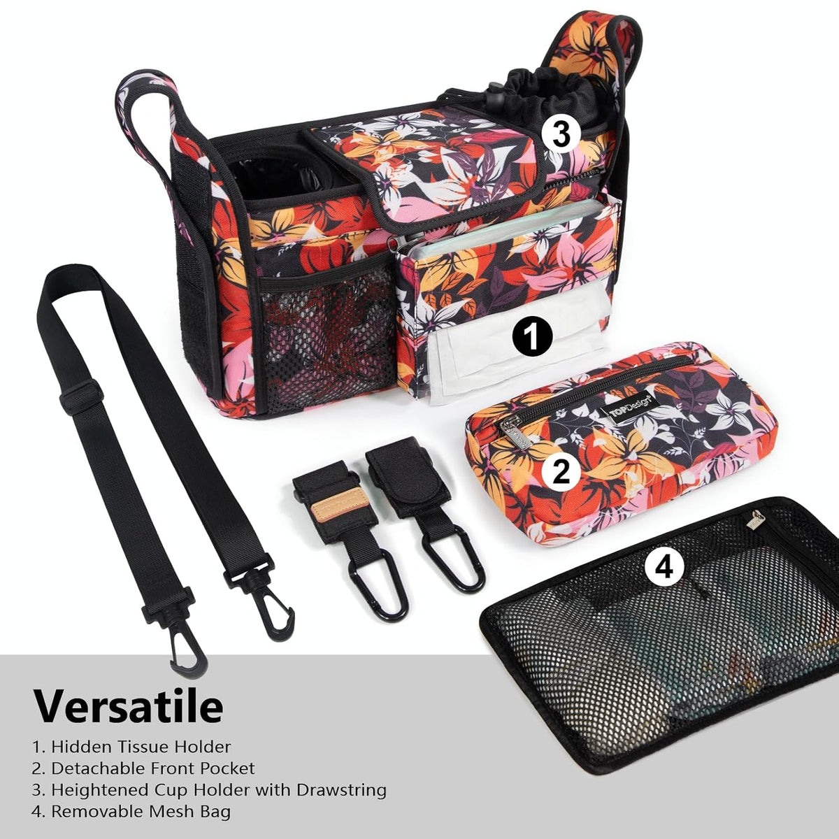 Universal Baby Stroller Organizer, Stroller Caddy with Detachable Mesh Bag & Heightened Insulated Cup Holders & Non-Slip Secure Hooks Accessories, Fits Most Strollers (Black) - Colors B