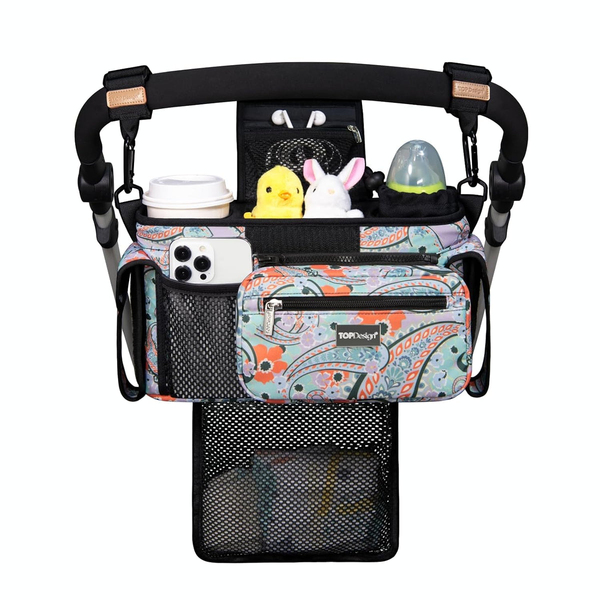 Universal Baby Stroller Organizer, Stroller Caddy with Detachable Mesh Bag & Heightened Insulated Cup Holders & Non-Slip Secure Hooks Accessories, Fits Most Strollers (Black) - Colors B