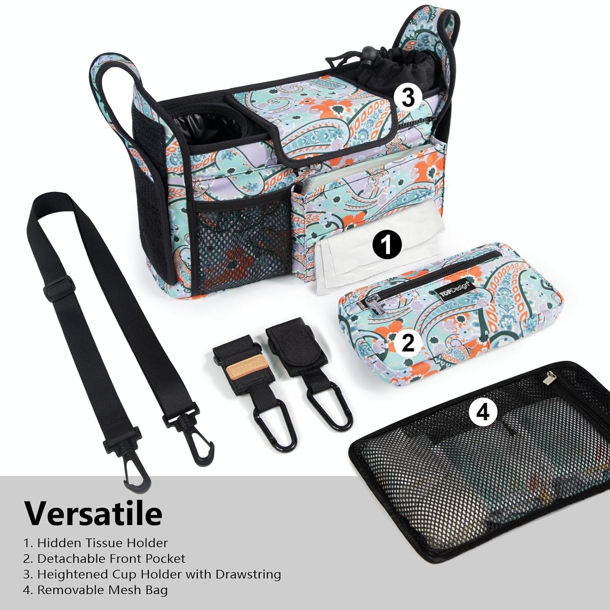 Universal Baby Stroller Organizer, Stroller Caddy with Detachable Mesh Bag & Heightened Insulated Cup Holders & Non-Slip Secure Hooks Accessories, Fits Most Strollers (Black) - Colors B