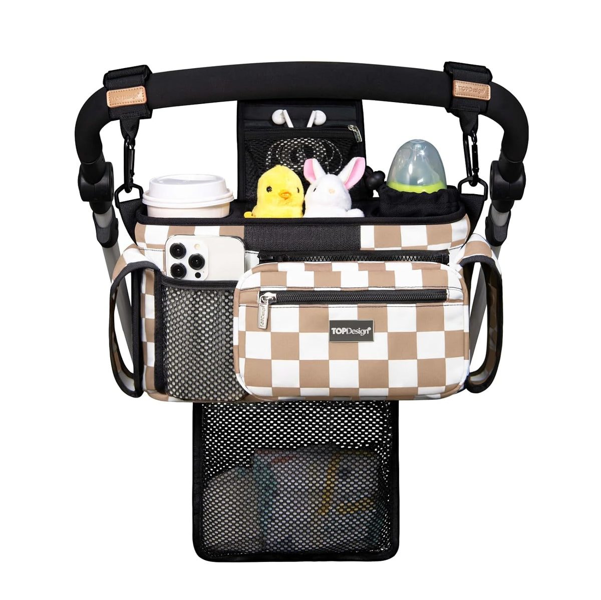 Universal Baby Stroller Organizer, Stroller Caddy with Detachable Mesh Bag & Heightened Insulated Cup Holders & Non-Slip Secure Hooks Accessories, Fits Most Strollers (Black) - Colors B