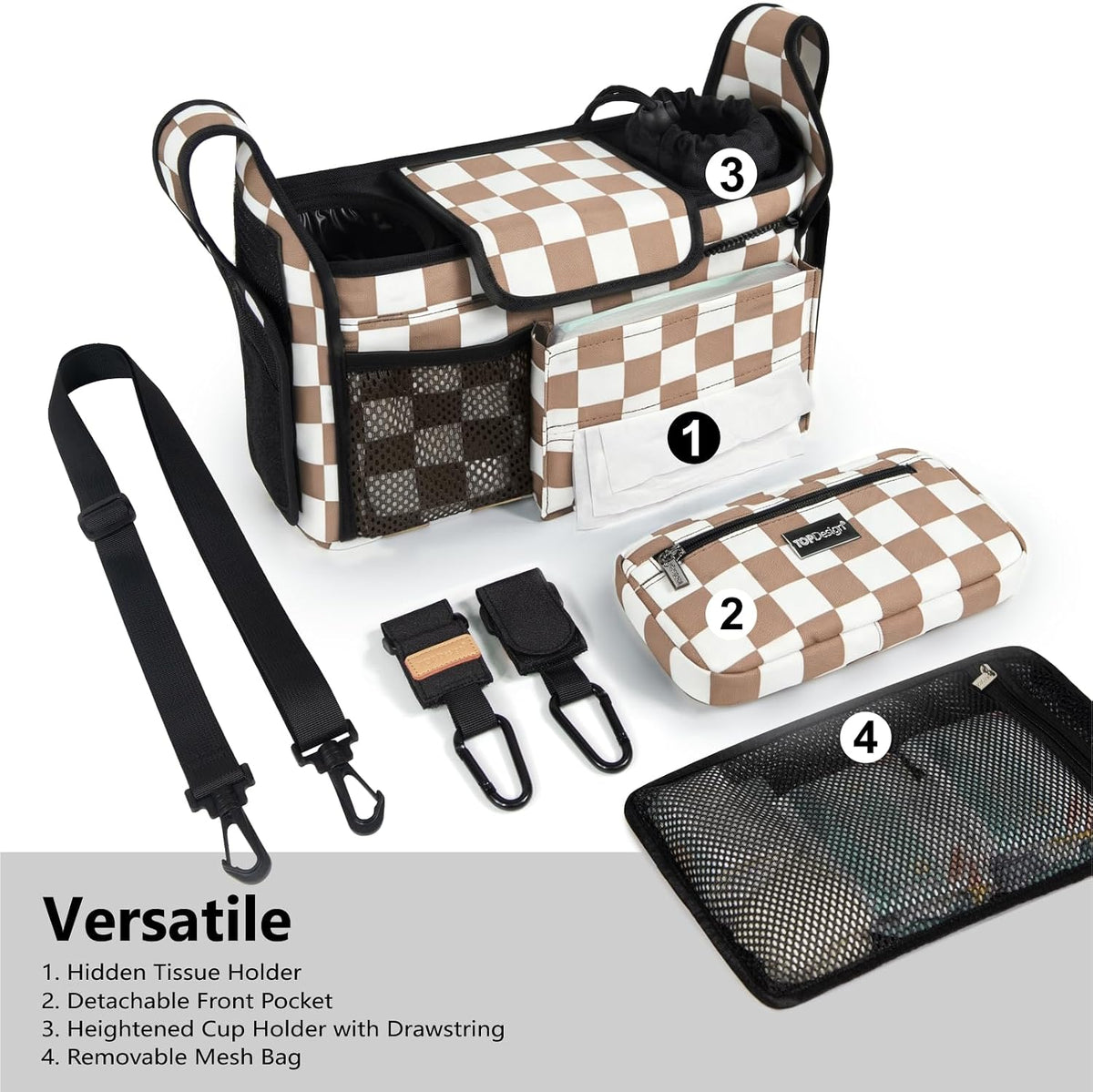 Universal Baby Stroller Organizer, Stroller Caddy with Detachable Mesh Bag & Heightened Insulated Cup Holders & Non-Slip Secure Hooks Accessories, Fits Most Strollers (Black) - Colors B