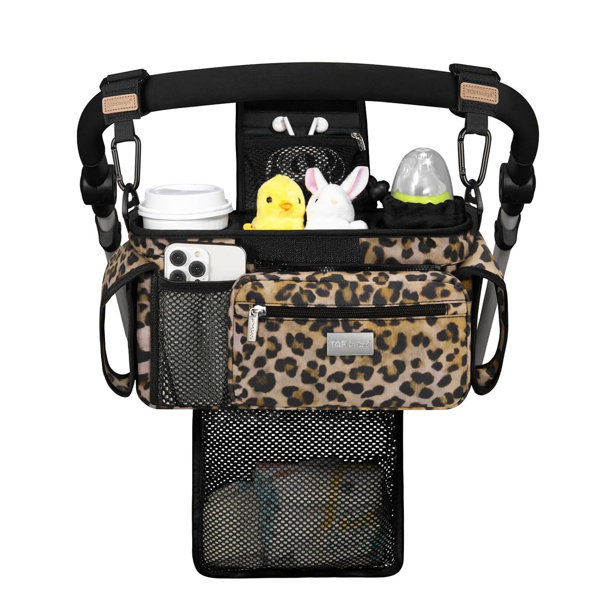 Universal Baby Stroller Organizer, Stroller Caddy with Detachable Mesh Bag & Heightened Insulated Cup Holders & Non-Slip Secure Hooks Accessories, Fits Most Strollers (Black) - Colors B