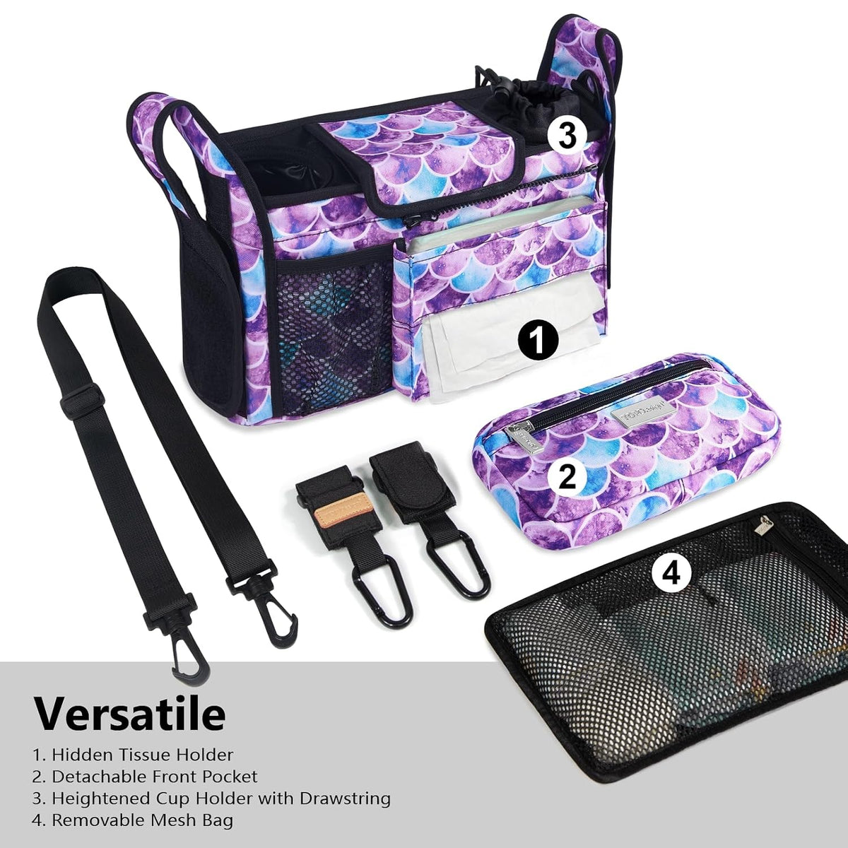 Universal Baby Stroller Organizer, Stroller Caddy with Detachable Mesh Bag & Heightened Insulated Cup Holders & Non-Slip Secure Hooks Accessories, Fits Most Strollers (Black) - Colors B