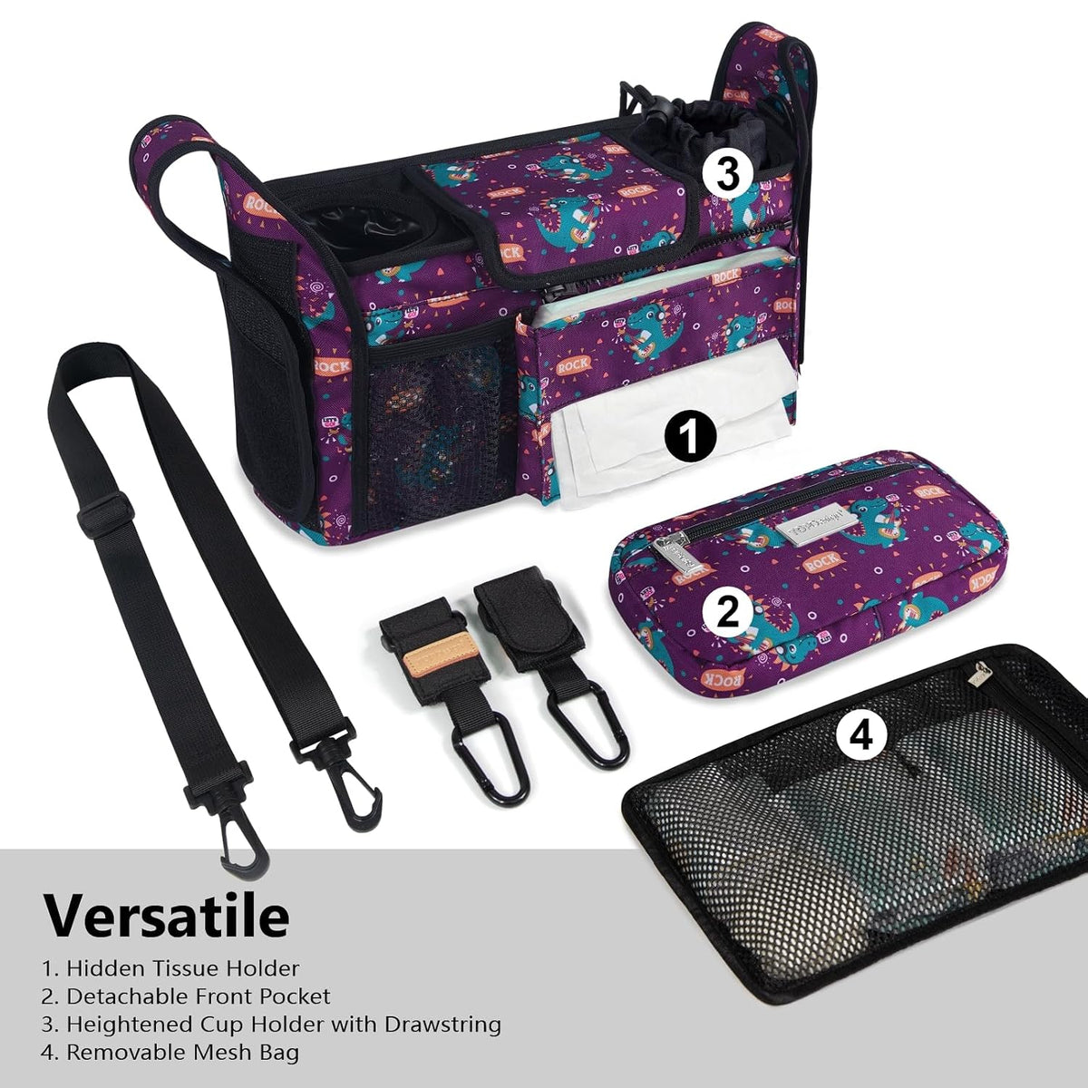 Universal Baby Stroller Organizer, Stroller Caddy with Detachable Mesh Bag & Heightened Insulated Cup Holders & Non-Slip Secure Hooks Accessories, Fits Most Strollers (Black) - Colors B