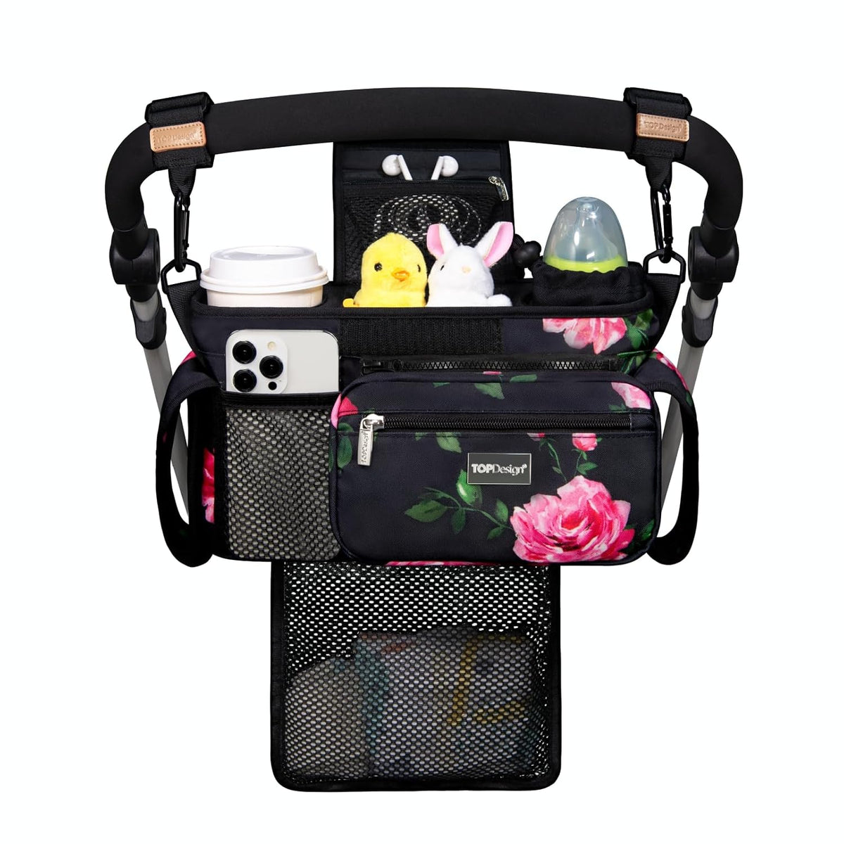 Universal Baby Stroller Organizer, Stroller Caddy with Detachable Mesh Bag & Heightened Insulated Cup Holders & Non-Slip Secure Hooks Accessories, Fits Most Strollers (Black) - Colors B