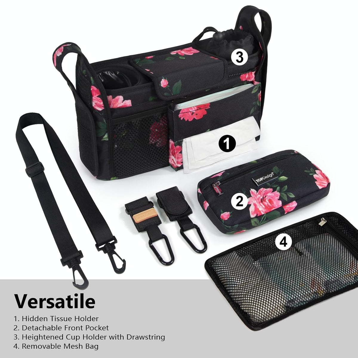 Universal Baby Stroller Organizer, Stroller Caddy with Detachable Mesh Bag & Heightened Insulated Cup Holders & Non-Slip Secure Hooks Accessories, Fits Most Strollers (Black) - Colors B