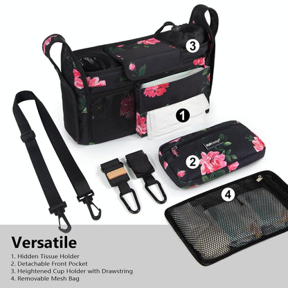 Universal Baby Stroller Organizer, Stroller Caddy with Detachable Mesh Bag & Heightened Insulated Cup Holders & Non-Slip Secure Hooks Accessories, Fits Most Strollers (Black) - Colors B