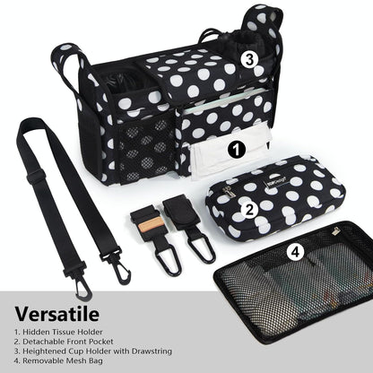 Universal Baby Stroller Organizer, Stroller Caddy with Detachable Mesh Bag & Heightened Insulated Cup Holders & Non-Slip Secure Hooks Accessories, Fits Most Strollers (Black) - Colors B