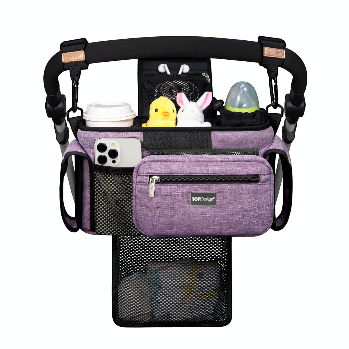 Universal Baby Stroller Organizer, Stroller Caddy with Detachable Mesh Bag & Heightened Insulated Cup Holders & Non-Slip Secure Hooks Accessories, Fits Most Strollers (Black) - Colors B