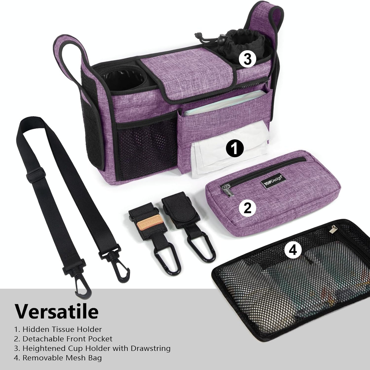 Universal Baby Stroller Organizer, Stroller Caddy with Detachable Mesh Bag & Heightened Insulated Cup Holders & Non-Slip Secure Hooks Accessories, Fits Most Strollers (Black) - Colors B