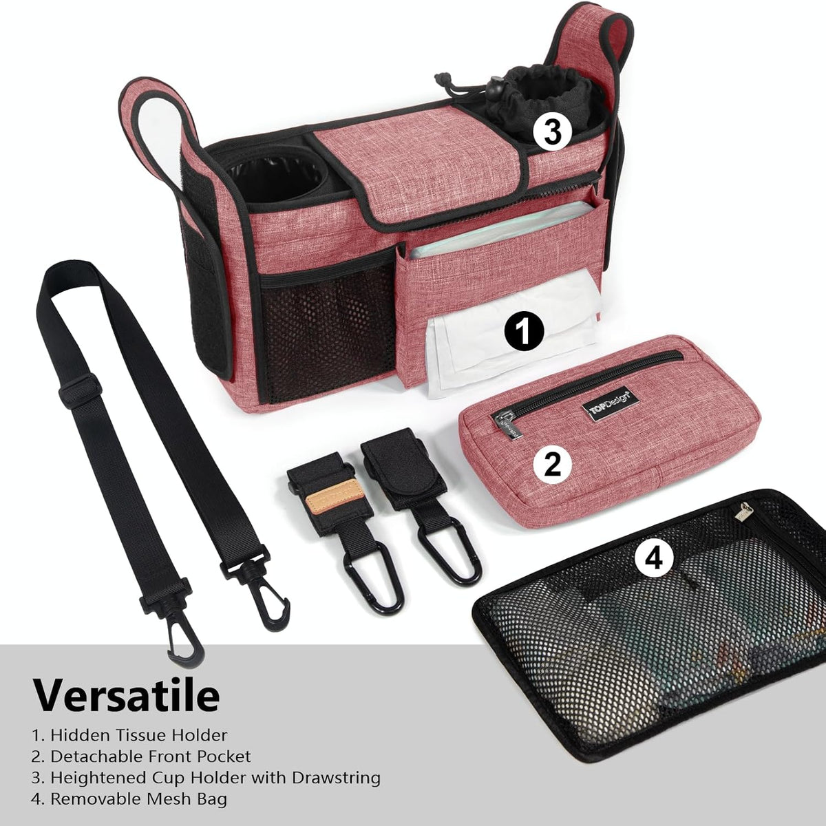 Universal Baby Stroller Organizer, Stroller Caddy with Detachable Mesh Bag & Heightened Insulated Cup Holders & Non-Slip Secure Hooks Accessories, Fits Most Strollers (Black) - Colors B