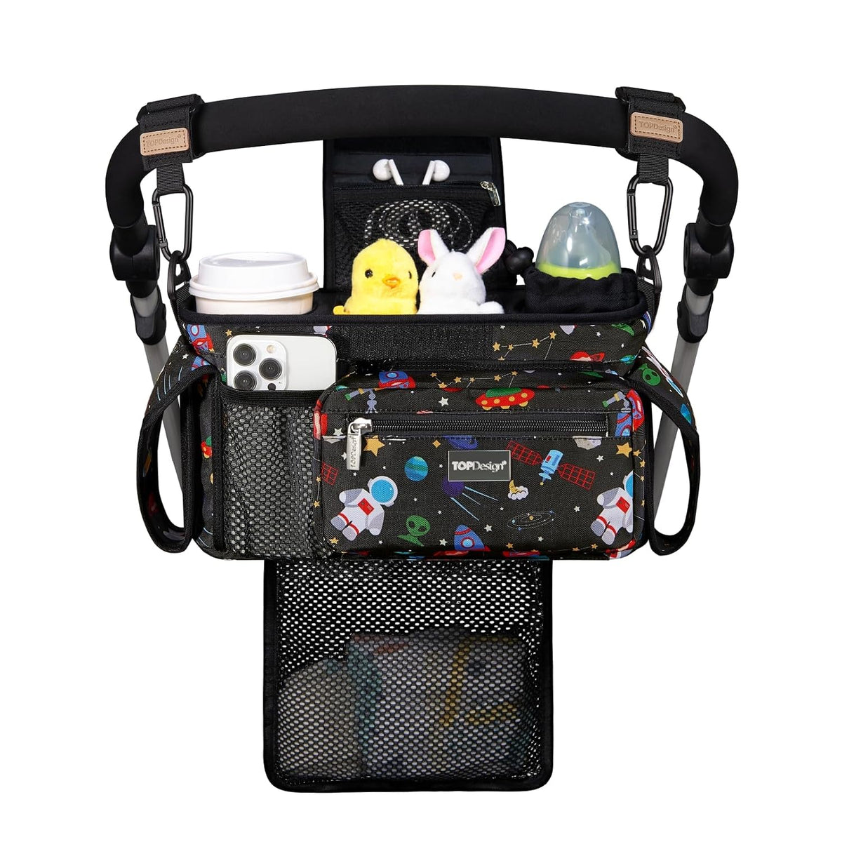 Universal Baby Stroller Organizer, Stroller Caddy with Detachable Mesh Bag & Heightened Insulated Cup Holders & Non-Slip Secure Hooks Accessories, Fits Most Strollers (Black) - Colors B