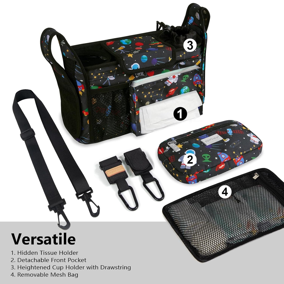 Universal Baby Stroller Organizer, Stroller Caddy with Detachable Mesh Bag & Heightened Insulated Cup Holders & Non-Slip Secure Hooks Accessories, Fits Most Strollers (Black) - Colors B