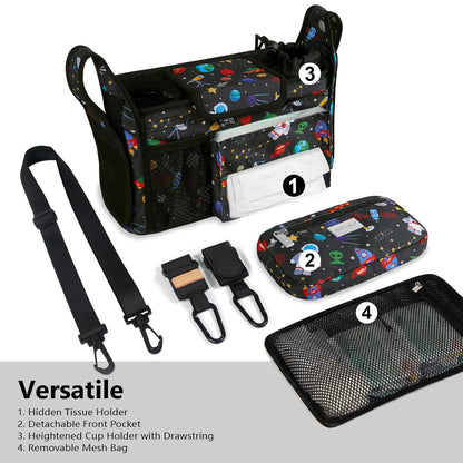 Universal Baby Stroller Organizer, Stroller Caddy with Detachable Mesh Bag & Heightened Insulated Cup Holders & Non-Slip Secure Hooks Accessories, Fits Most Strollers (Black) - Colors B