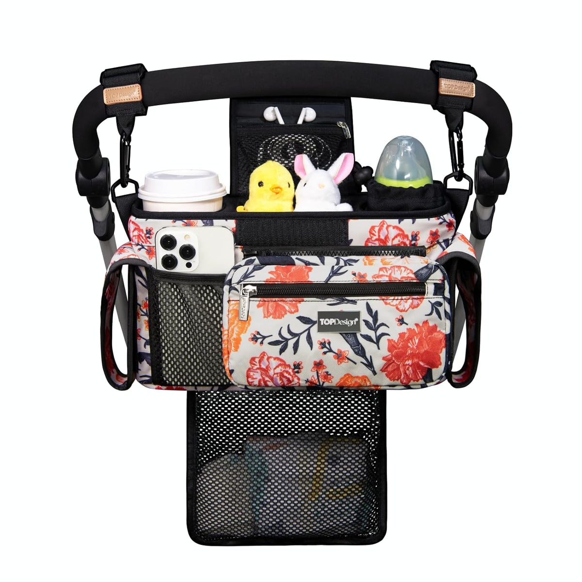 Universal Baby Stroller Organizer, Stroller Caddy with Detachable Mesh Bag & Heightened Insulated Cup Holders & Non-Slip Secure Hooks Accessories, Fits Most Strollers (Black) - Colors B