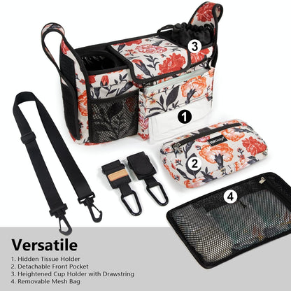 Universal Baby Stroller Organizer, Stroller Caddy with Detachable Mesh Bag & Heightened Insulated Cup Holders & Non-Slip Secure Hooks Accessories, Fits Most Strollers (Black) - Colors B