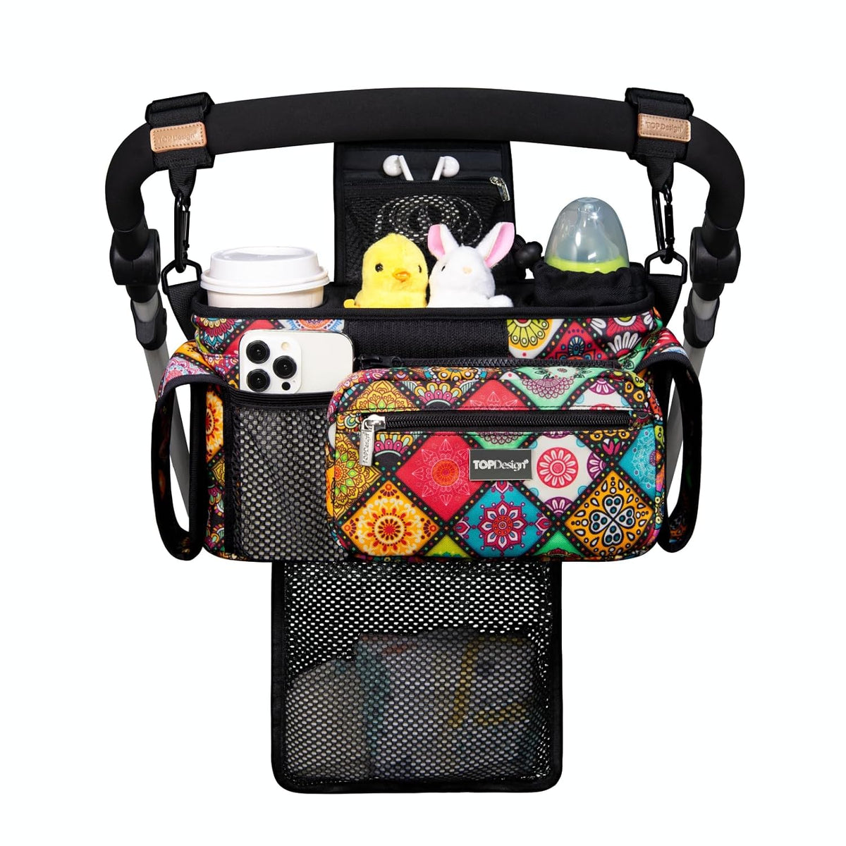 Universal Baby Stroller Organizer, Stroller Caddy with Detachable Mesh Bag & Heightened Insulated Cup Holders & Non-Slip Secure Hooks Accessories, Fits Most Strollers (Black) - Colors B