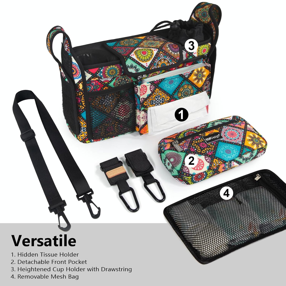 Universal Baby Stroller Organizer, Stroller Caddy with Detachable Mesh Bag & Heightened Insulated Cup Holders & Non-Slip Secure Hooks Accessories, Fits Most Strollers (Black) - Colors B