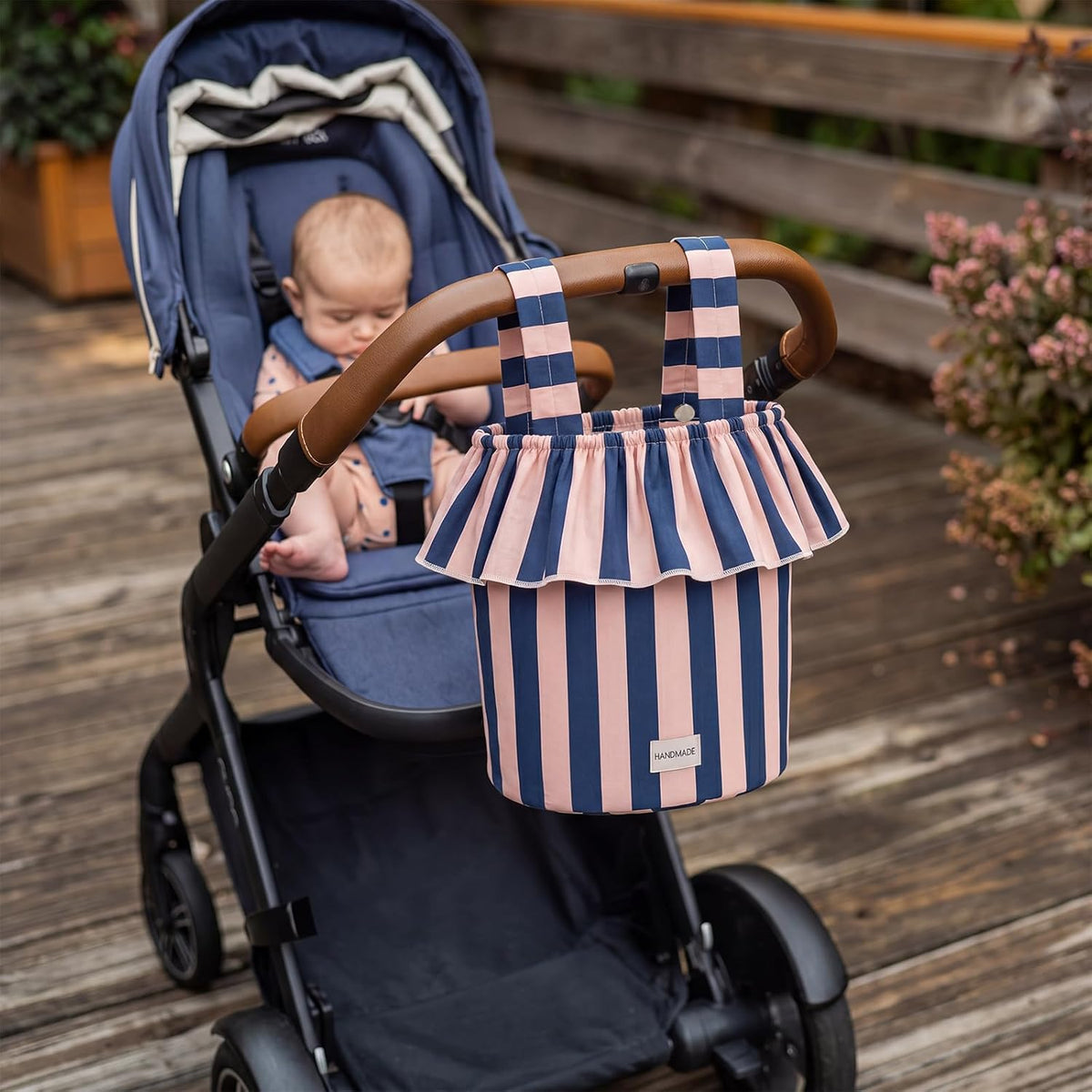 Ruffle Stroller Bag with Removable Handles, Cotton Stroller Organizer with Waterproof Lined for Moms Baby Travel (Ruffles Style,15.5 x 9.5 Inch,Brown Black)