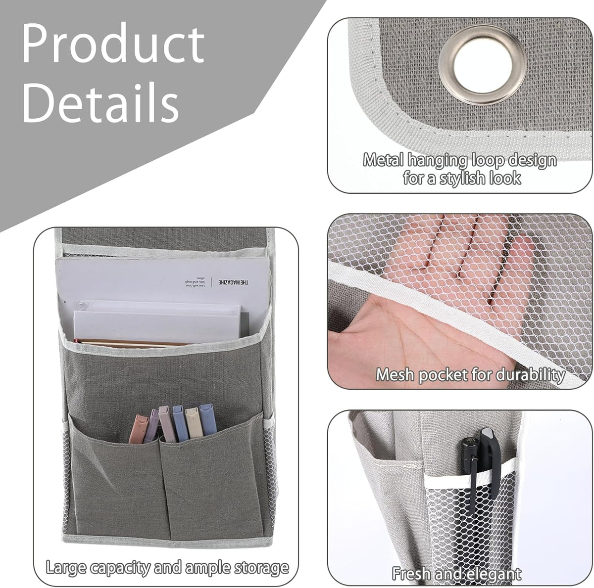 Hanging Organizer with Pockets, Wall Hanging Baskets for Organizing, Storage Basket Bedside Caddy Camper Fabric File Organizer Holds Books, Phones, Glasses, Mail, Keys for Home, Office, Dorm (Grey)