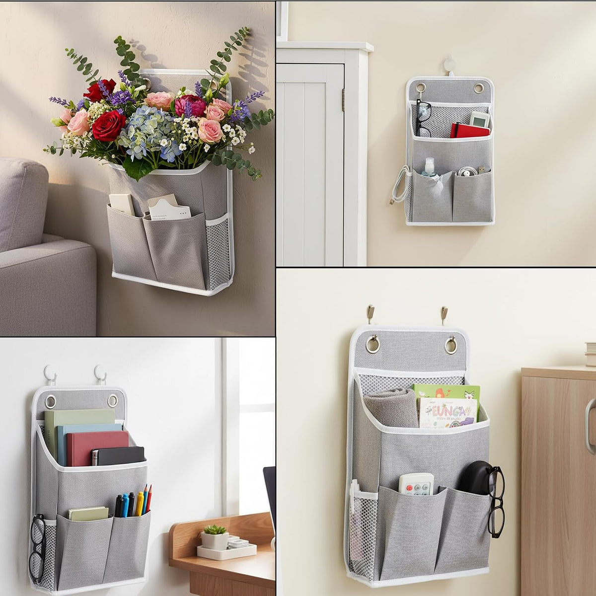 Hanging Organizer with Pockets, Wall Hanging Baskets for Organizing, Storage Basket Bedside Caddy Camper Fabric File Organizer Holds Books, Phones, Glasses, Mail, Keys for Home, Office, Dorm (Grey)