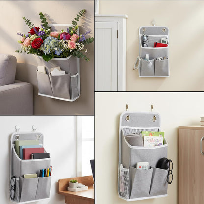 Hanging Organizer with Pockets, Wall Hanging Baskets for Organizing, Storage Basket Bedside Caddy Camper Fabric File Organizer Holds Books, Phones, Glasses, Mail, Keys for Home, Office, Dorm (Grey)