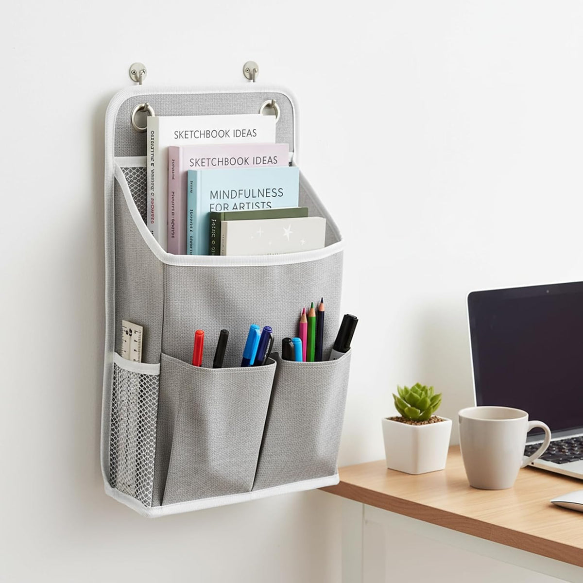Hanging Organizer with Pockets, Wall Hanging Baskets for Organizing, Storage Basket Bedside Caddy Camper Fabric File Organizer Holds Books, Phones, Glasses, Mail, Keys for Home, Office, Dorm (Grey)