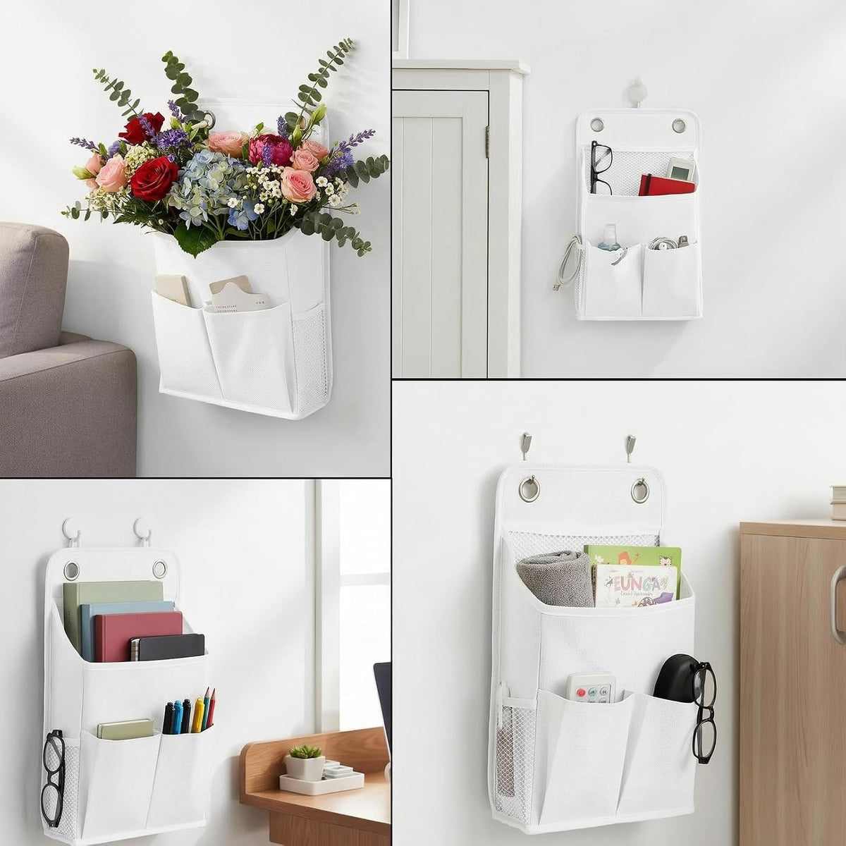 Hanging Organizer with Pockets, Wall Hanging Baskets for Organizing, Storage Basket Bedside Caddy Camper Fabric File Organizer Holds Books, Phones, Glasses, Mail, Keys for Home, Office, Dorm (Grey)