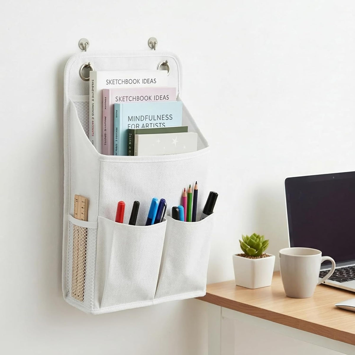 Hanging Organizer with Pockets, Wall Hanging Baskets for Organizing, Storage Basket Bedside Caddy Camper Fabric File Organizer Holds Books, Phones, Glasses, Mail, Keys for Home, Office, Dorm (Grey)