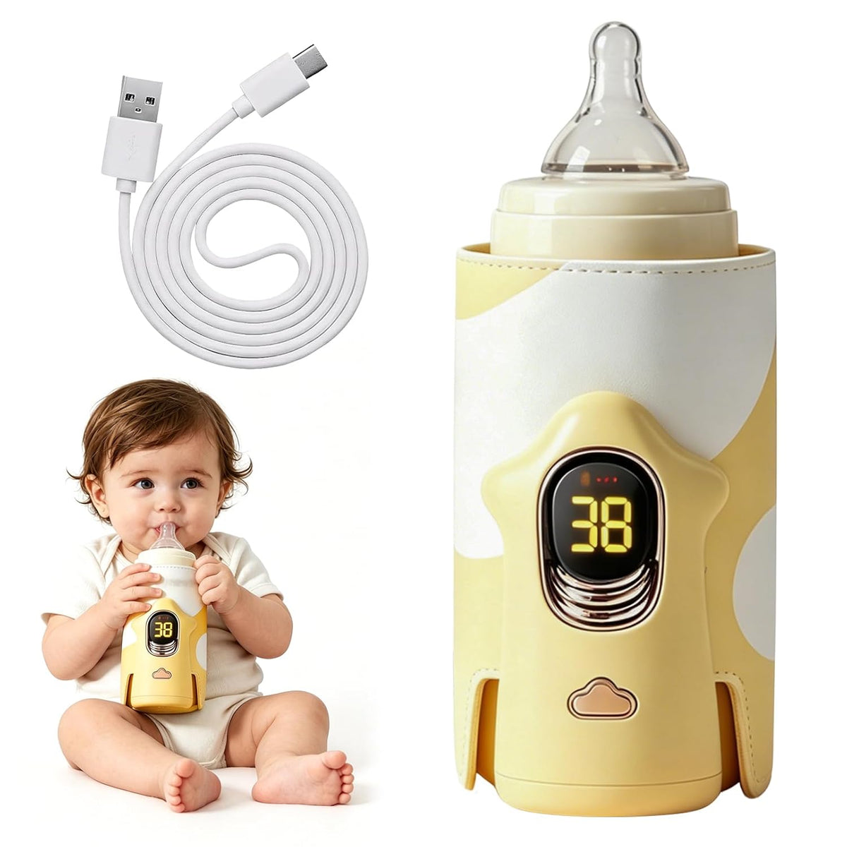 Portable Bottle Warmer 6000mAh Cordless Rechargeable Milk Warmer（Yellow）