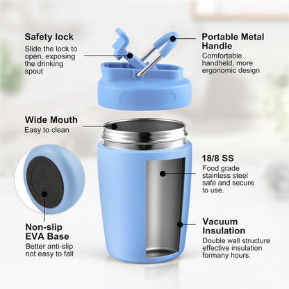 12 oz Insulated Stainless Steel Coffee Tumbler, Locking Leak-Proof Lid with Handle, Non-Slip Travel Mug for Hot & Cold Beverages, Reusable Coffee Cup (Blue)