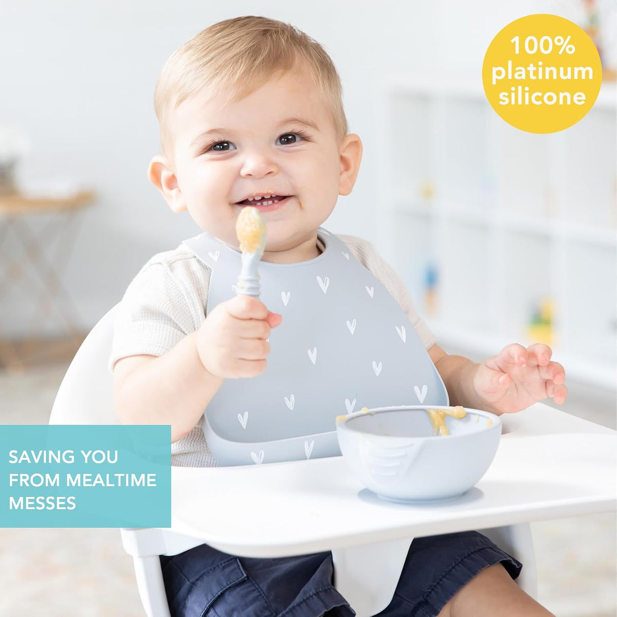 First Feeding Set - Bowl, Lid, Spoon & Silicone Pocket Bib