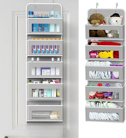 Over the Door Pocket Organizer, 5 Pockets Fabric Hanging Closet, Clear Window Storage Bag for Pantry Baby Nursery Bathroom Bathroom Closet Dorm, Gray