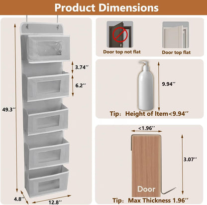 Over the Door Pocket Organizer, 5 Pockets Fabric Hanging Closet, Clear Window Storage Bag for Pantry Baby Nursery Bathroom Bathroom Closet Dorm, Gray