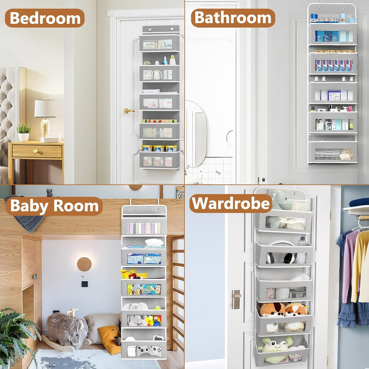 Over the Door Pocket Organizer, 5 Pockets Fabric Hanging Closet, Clear Window Storage Bag for Pantry Baby Nursery Bathroom Bathroom Closet Dorm, Gray
