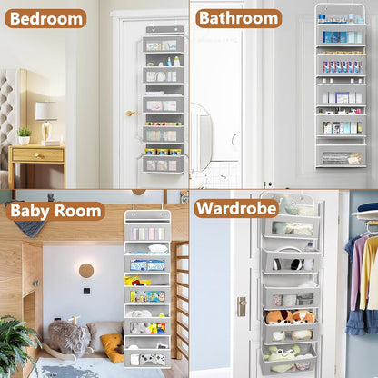 Over the Door Pocket Organizer, 5 Pockets Fabric Hanging Closet, Clear Window Storage Bag for Pantry Baby Nursery Bathroom Bathroom Closet Dorm, Gray