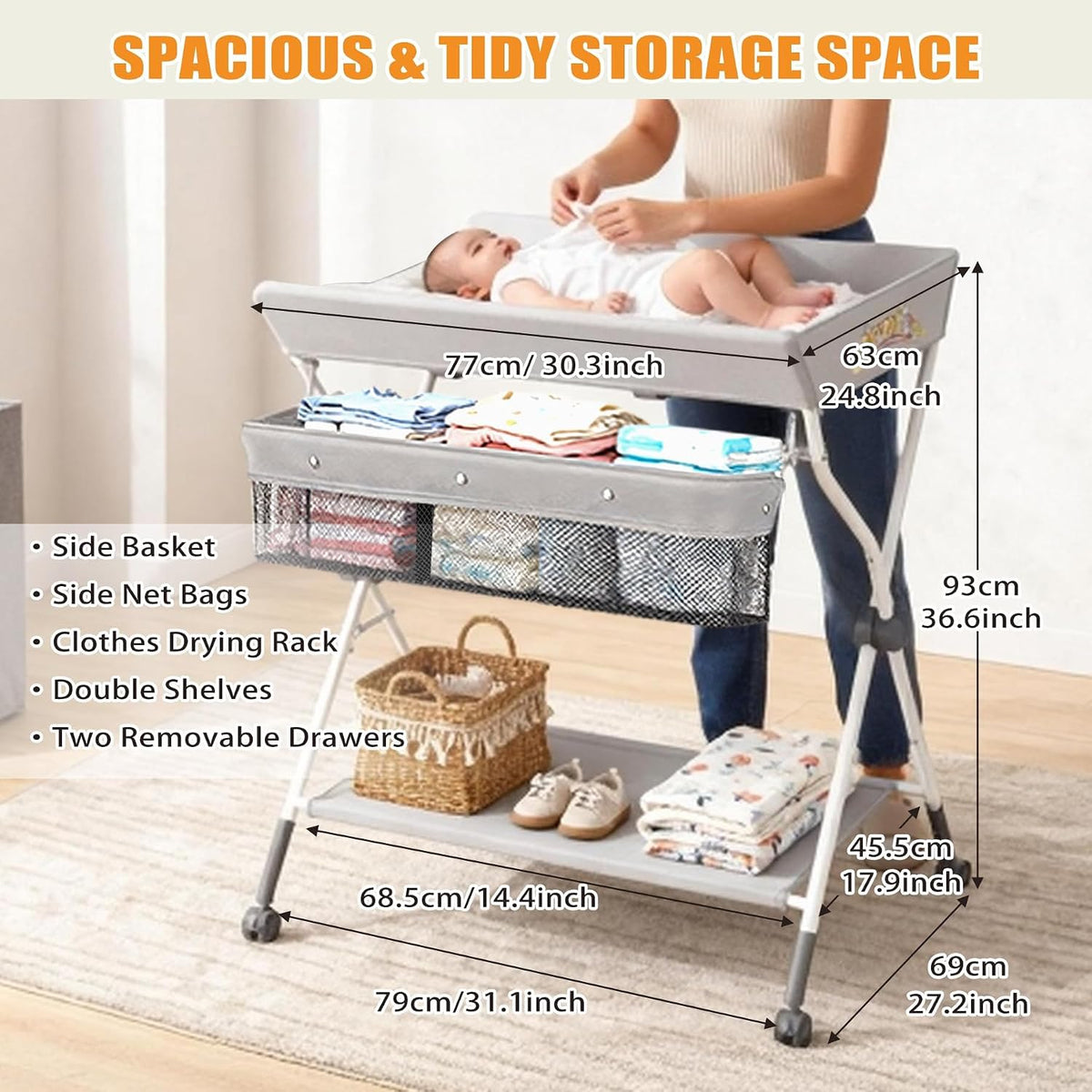 Baby Changing Table Portable Diaper Changing Station with Drawers Foldable