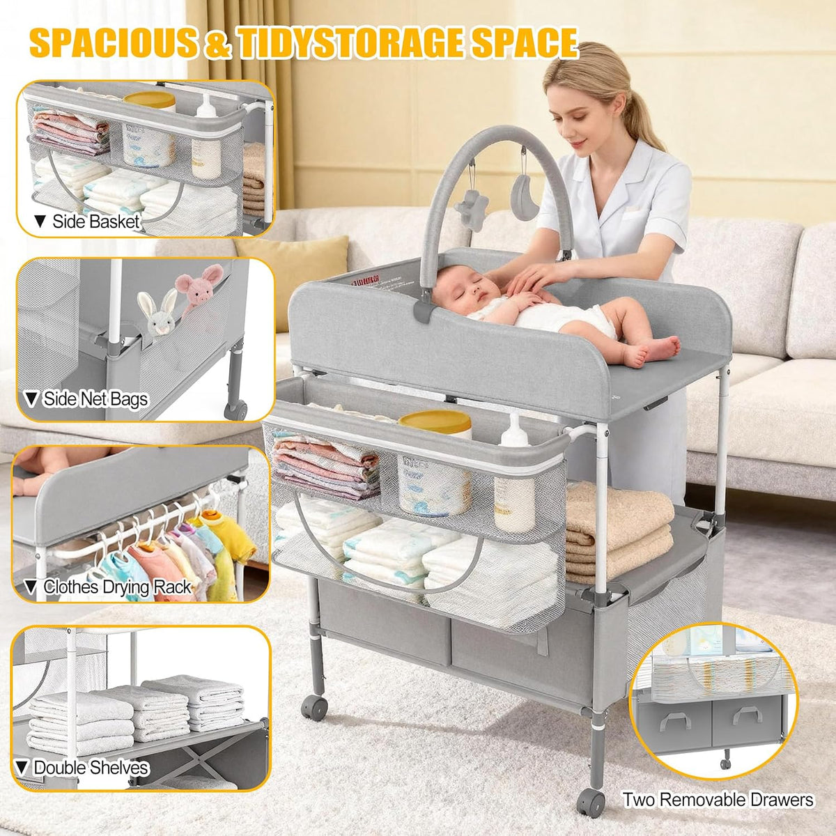 Baby Changing Table Portable Diaper Changing Station with Drawers Foldable