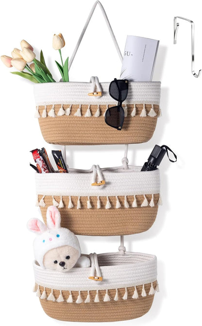 3 Tier Over the Door Basket Cotton Rope Organizer Wall Hanging