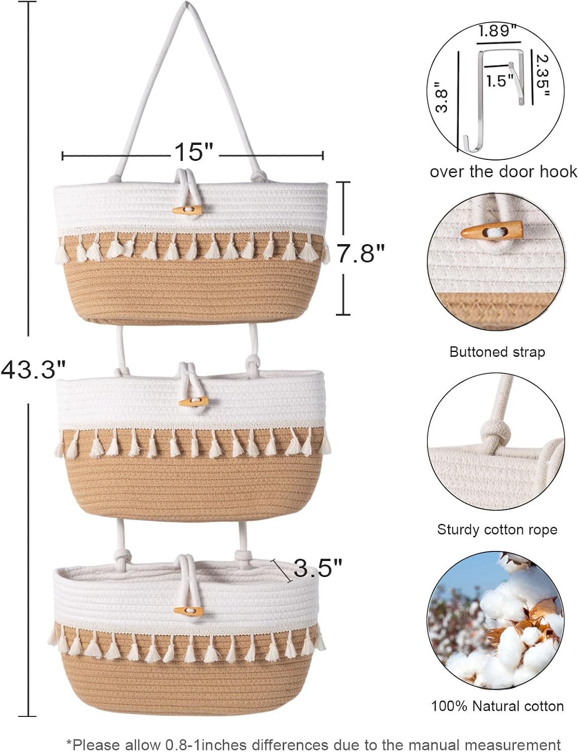 3 Tier Over the Door Basket Cotton Rope Organizer Wall Hanging