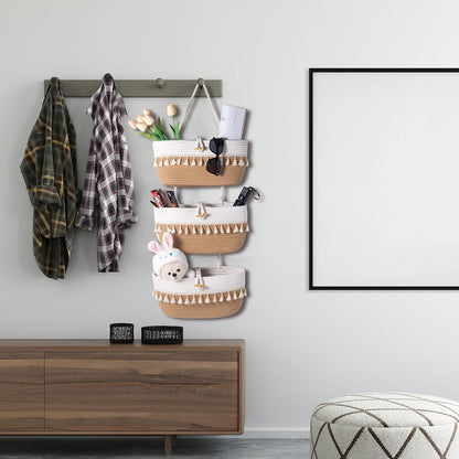 3 Tier Over the Door Basket Cotton Rope Organizer Wall Hanging