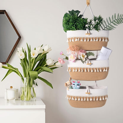 3 Tier Over the Door Basket Cotton Rope Organizer Wall Hanging