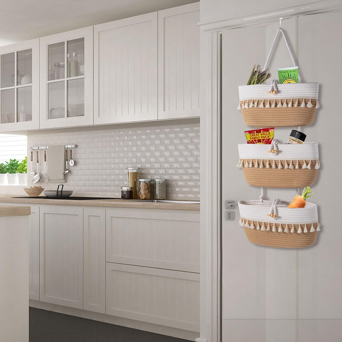 3 Tier Over the Door Basket Cotton Rope Organizer Wall Hanging