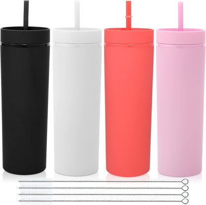 Volhoply 20oz Plastic Skinny Tumblers Bulk 4 Pack,Double Wall Tumbler with Lid and Straw,Reusable Travel Iced Coffee Mug,BPA Free Matte Acrylic Water Cups with Straw for Party,DIY Gifts(Mix, 4 Set)