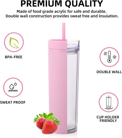 Volhoply 20oz Plastic Skinny Tumblers Bulk 4 Pack,Double Wall Tumbler with Lid and Straw,Reusable Travel Iced Coffee Mug,BPA Free Matte Acrylic Water Cups with Straw for Party,DIY Gifts(Mix, 4 Set)