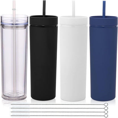 Volhoply 20oz Plastic Skinny Tumblers Bulk 4 Pack,Double Wall Tumbler with Lid and Straw,Reusable Travel Iced Coffee Mug,BPA Free Matte Acrylic Water Cups with Straw for Party,DIY Gifts(Mix, 4 Set)